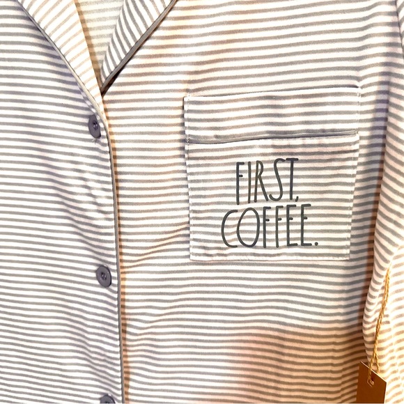Rae Dunn Pajamas Set ‘COFFEE FIRST’ Size Medium Ballet Pink & Gray Stripes - Picture 3 of 10